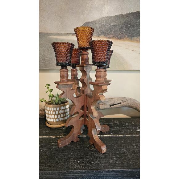 Handcrafted 1976 Walnut Candelabra with Amber Hobnail Candle Votives - Picture 1 of 7